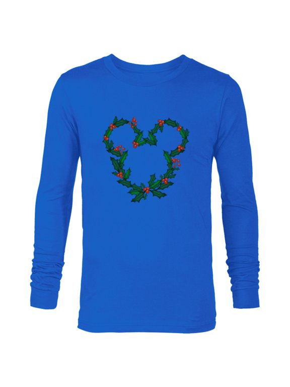 Mickey Mouse Head Shape Icon Holly Christmas Wreath - Long Sleeve T-Shirt for Men - Customized-Navy