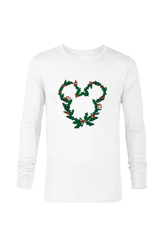 Mickey Mouse Head Shape Icon Holly Christmas Wreath - Long Sleeve T-Shirt for Men - Customized-White