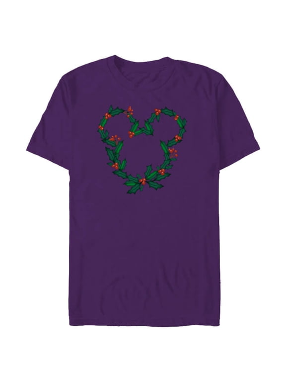 Mickey Mouse Head Shape Icon Holly Christmas Wreath - Short Sleeve Blended T-Shirt for Adults - Customized-Purple