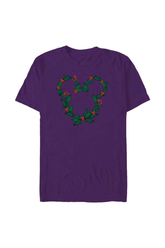 Mickey Mouse Head Shape Icon Holly Christmas Wreath - Short Sleeve Blended T-Shirt for Adults - Customized-Purple