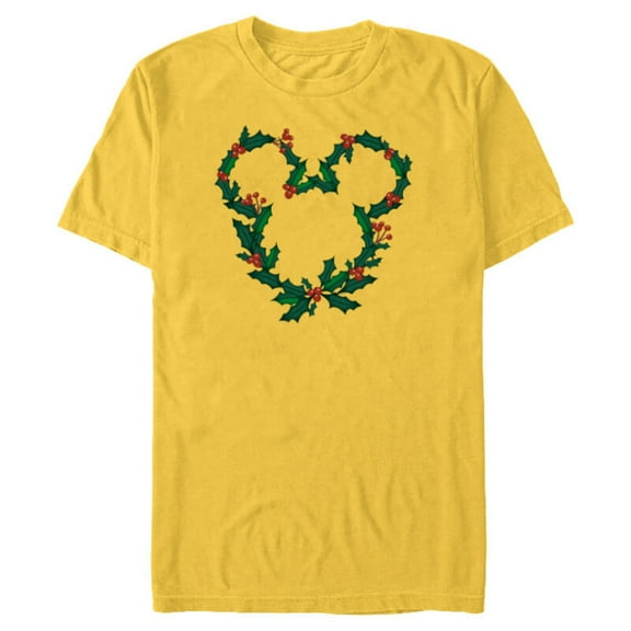 Disney Mickey Mouse Head Shape Icon Holly Christmas Wreath - Short Sleeve Blended T-Shirt for Adults - Customized-Yellow