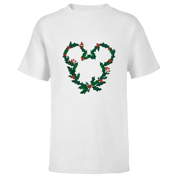 Disney Mickey Mouse Head Shape Icon Holly Christmas Wreath - Short Sleeve T-Shirt for Kids - Customized-White