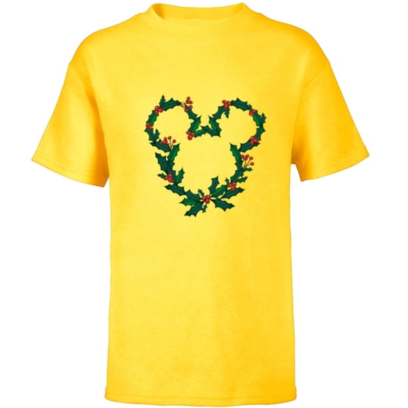Disney Mickey Mouse Head Shape Icon Holly Christmas Wreath - Short Sleeve T-Shirt for Kids - Customized-Yellow