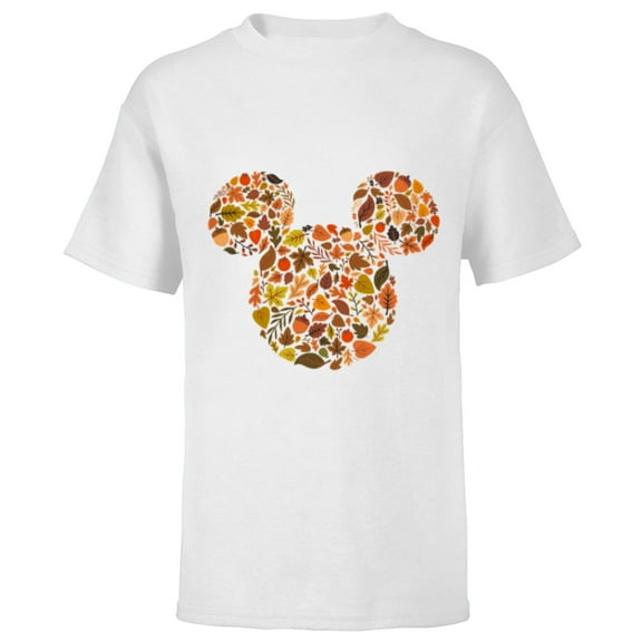 Disney Mickey Mouse Head and Ears Icon Fall Leaves - Short Sleeve T-Shirt for Kids - Customized-White
