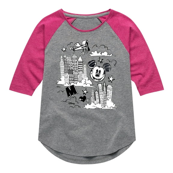 Disney - Mickey Mouse - Head in the Clouds - Overlooking the City - Toddler & Youth Girls Raglan Graphic T-Shirt