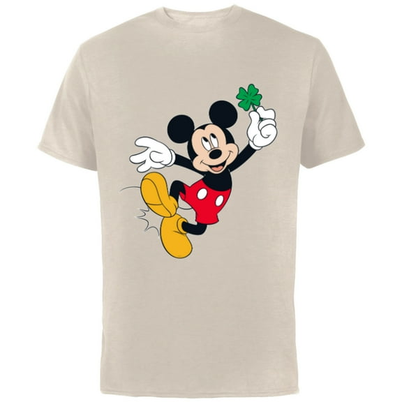 Disney Mickey Mouse Lucky Four-Leaf Clover St. Patrick's Day - Short Sleeve Cotton T-Shirt for Adults - Customized-Natural