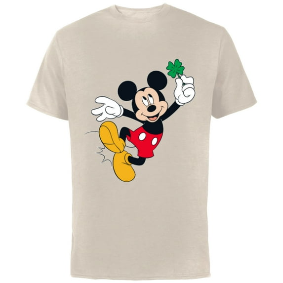 Disney Mickey Mouse Lucky Four-Leaf Clover St. Patrick's Day - Short Sleeve Cotton T-Shirt for Adults - Customized-Natural