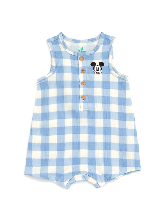 Disney Mickey Mouse Baby Boys' Sleeveless Cotton Gauze Button Romper Light Blue Gingham Mickey Mouse