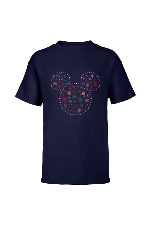 Mickey Mouse Icon Christmas Holiday Lights Snowflakes - Short Sleeve T-Shirt for Kids - Customized-Navy