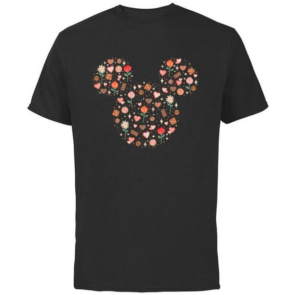 Disney Mickey Mouse Icon Fill Chocolates Flowers Hearts Love - Short Sleeve Cotton T-Shirt for Adults - Customized-Black