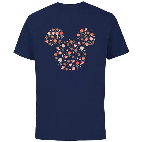Disney Mickey Mouse Icon Fill Chocolates Flowers Hearts Love - Short Sleeve Cotton T-Shirt for Adults - Customized-Navy