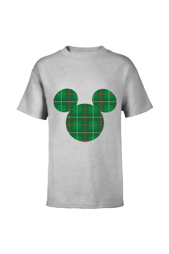 Mickey Mouse Icon Green and Red Holiday Plaid - Short Sleeve T-Shirt for Kids - Customized-Athletic Heather