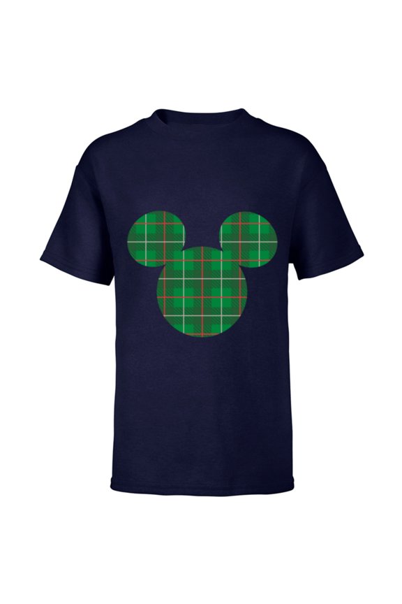 Mickey Mouse Icon Green and Red Holiday Plaid - Short Sleeve T-Shirt for Kids - Customized-Navy