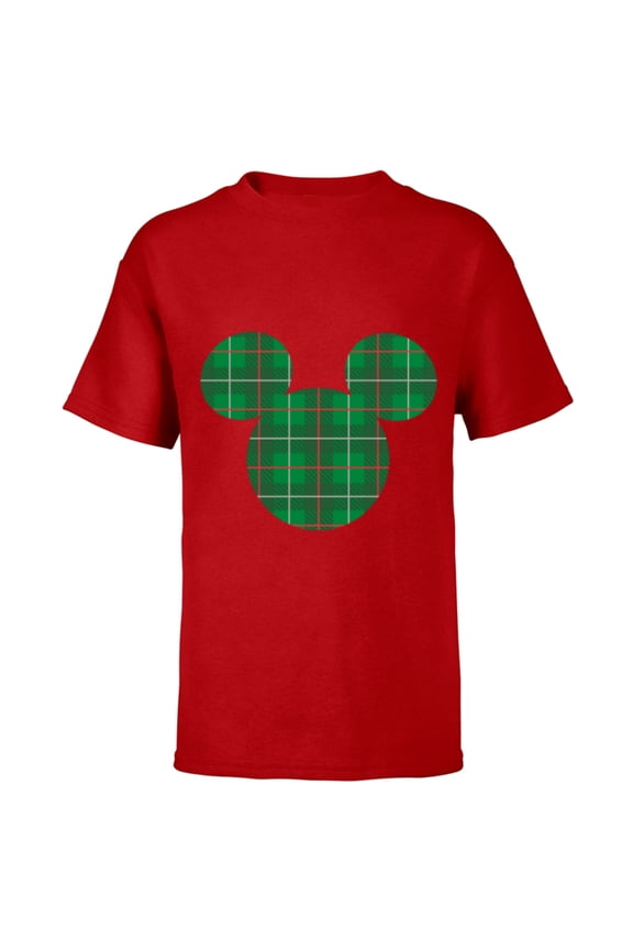 Mickey Mouse Icon Green and Red Holiday Plaid - Short Sleeve T-Shirt for Kids - Customized-Red