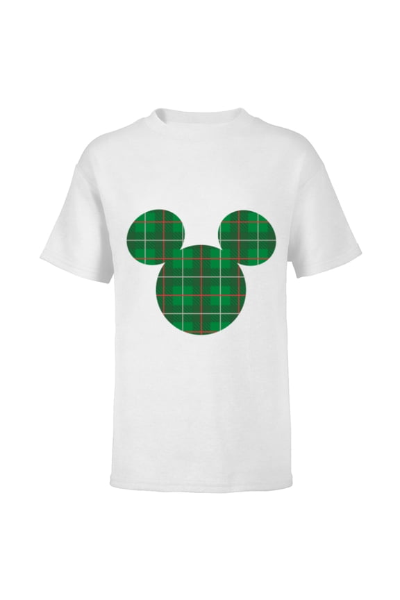 Mickey Mouse Icon Green and Red Holiday Plaid - Short Sleeve T-Shirt for Kids - Customized-White