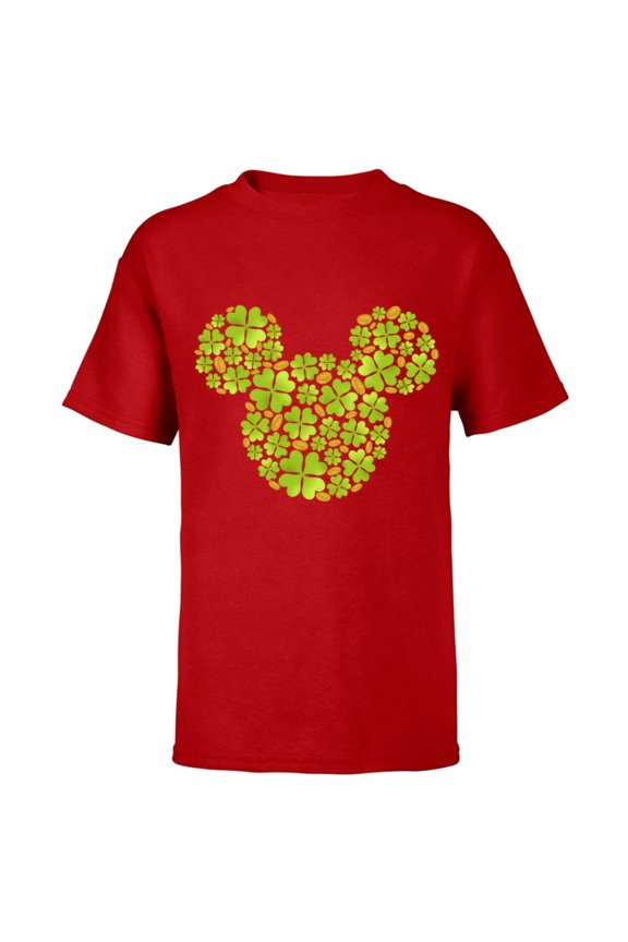 Mickey Mouse Icon Lucky Shamrock St. Patrick’s Day - Short Sleeve T-Shirt for Kids - Customized-Red