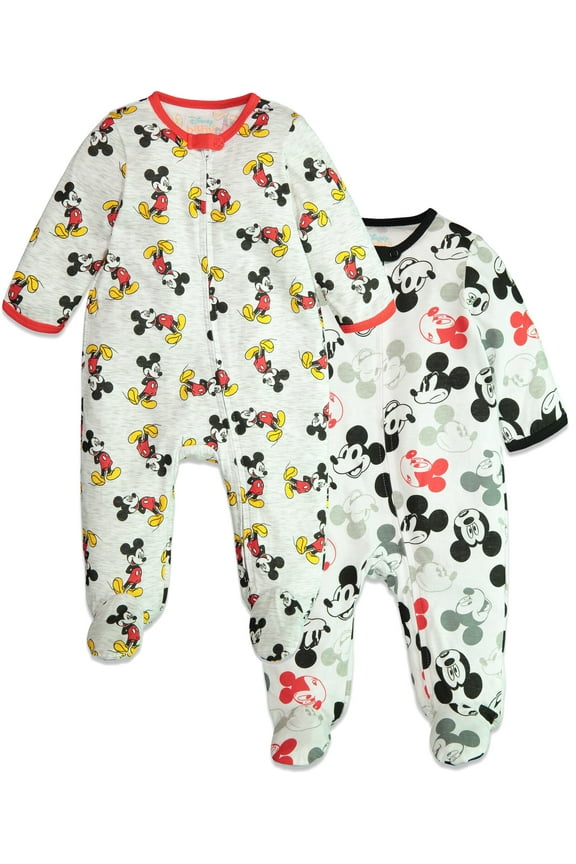 Disney Mickey Mouse Infant Baby Boys 2 Pack Long Sleeve Sleep N' Play Coveralls White / Grey 12 Months