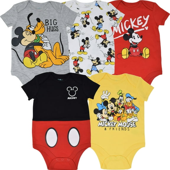 Disney Mickey Mouse Infant Baby Boys 5 Pack Short Sleeve Bodysuits Mickey Mouse & Friends 12 Months