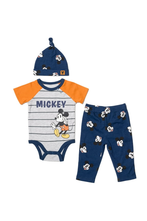 Mickey Mouse Infant Baby Boys Bodysuit Pants and Hat 3 Piece Outfit Set Newborn to Infant