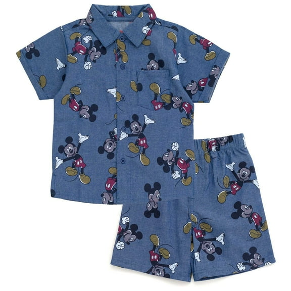 Disney Mickey Mouse Infant Baby Boys Chambray Hawaiian Button Down Shirt and Shorts Outfit Set Blue 12 Months