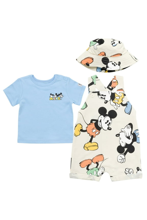 Mickey Mouse Infant Baby Boys French Terry Short Overalls T-Shirt and Hat 3 Piece Outfit Set Newborn to Infant