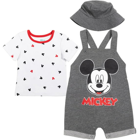 Disney Mickey Mouse Infant Baby Boys French Terry Short Overalls T-Shirt and Hat 3 Piece Outfit Set Newborn to Infant