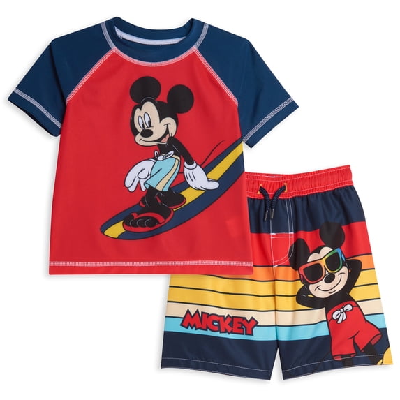 Disney Mickey Mouse Infant Baby Boys Rash Guard and Swim Trunks Outfit Set Red 12 Months