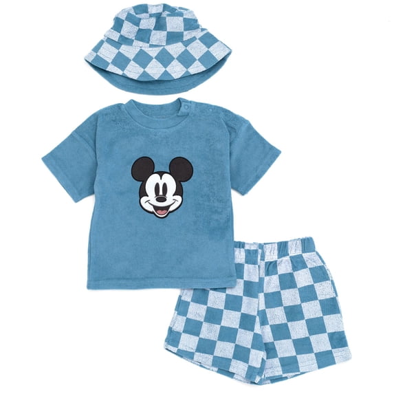 Disney Mickey Mouse Baby Boys' T-Shirt and Shorts Set with Bucket Hat Blue