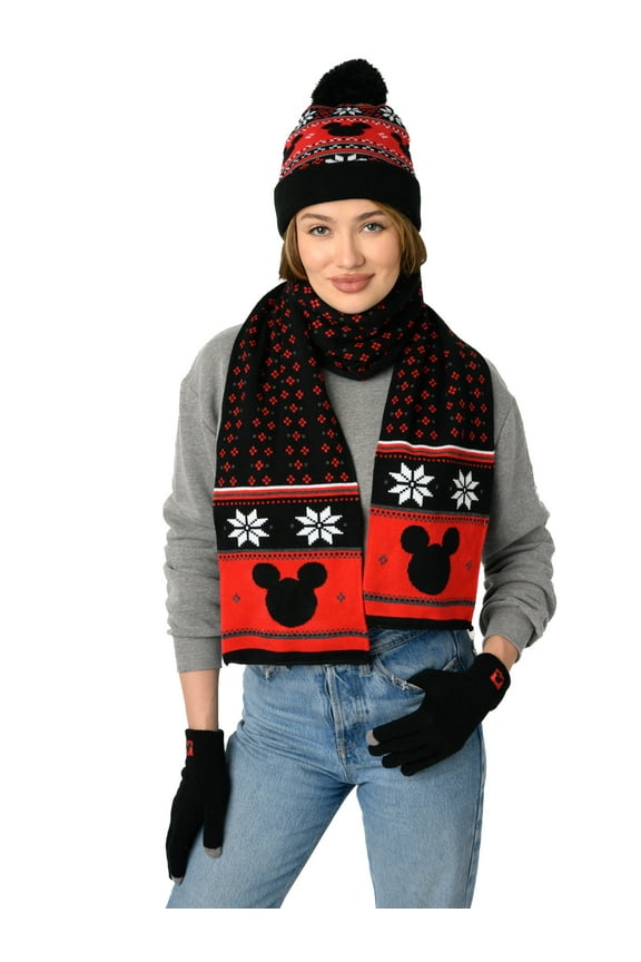 Mickey Mouse Knit Beanie Hat, Gloves & Scarf 3-Piece Adult Winter Set