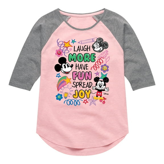 Disney - Mickey Mouse - Laugh More, Have Fun, Spread Joy - Toddler & Youth Girls Raglan Graphic T-Shirt