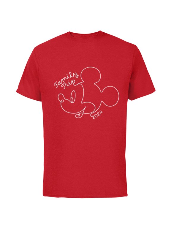 Mickey Mouse Line Drawing Family Trip Vacation 2024 - Short Sleeve Cotton T-Shirt for Adults - Customized-Red