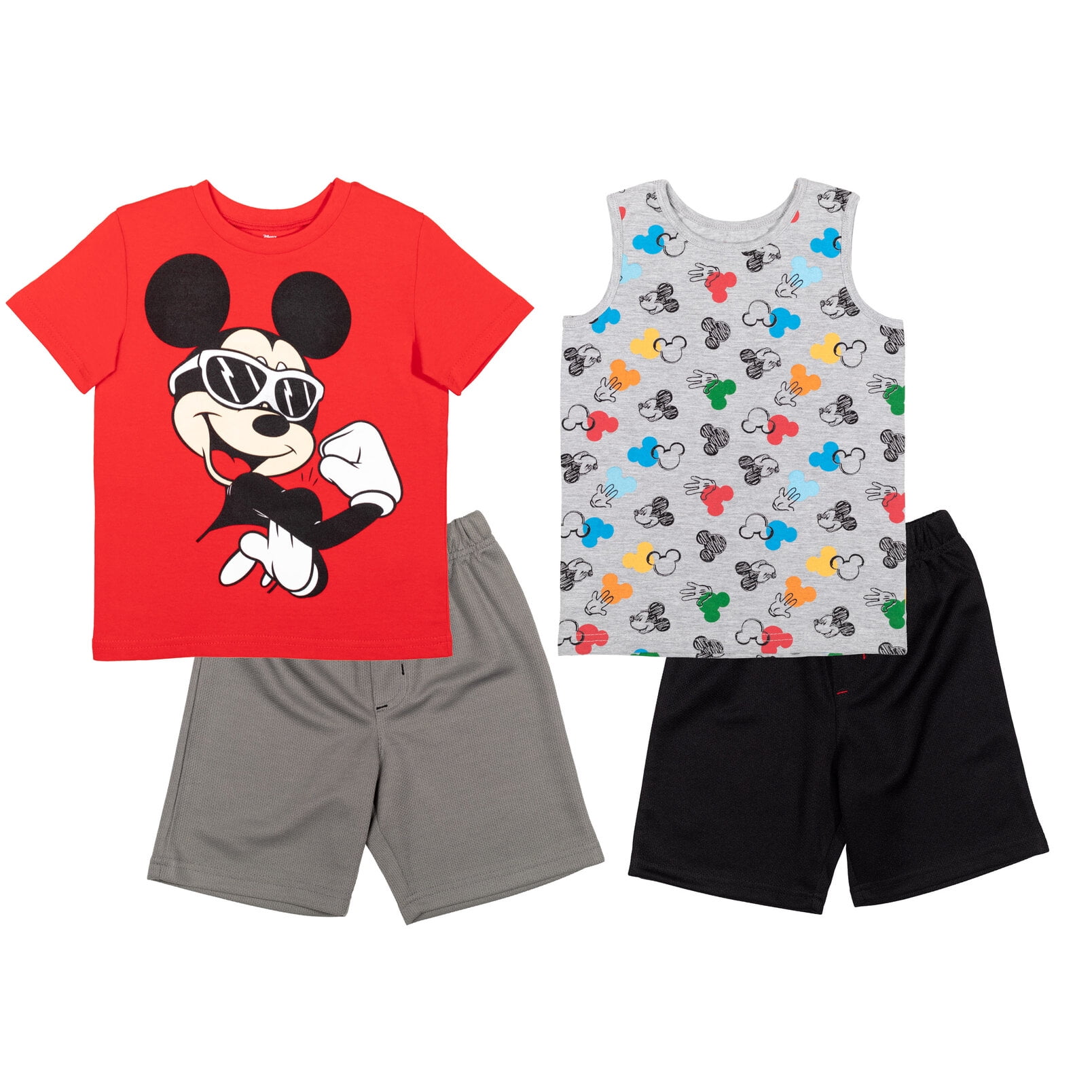 Disney Mickey Mouse Little Boys T-Shirt Tank Top and Mesh Shorts 4 Piece Outfit Set Infant to Little Kid