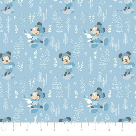 Disney Mickey Mouse Little Meadow Forest Light Blue 100% Cotton Fabric Sold by the Yard