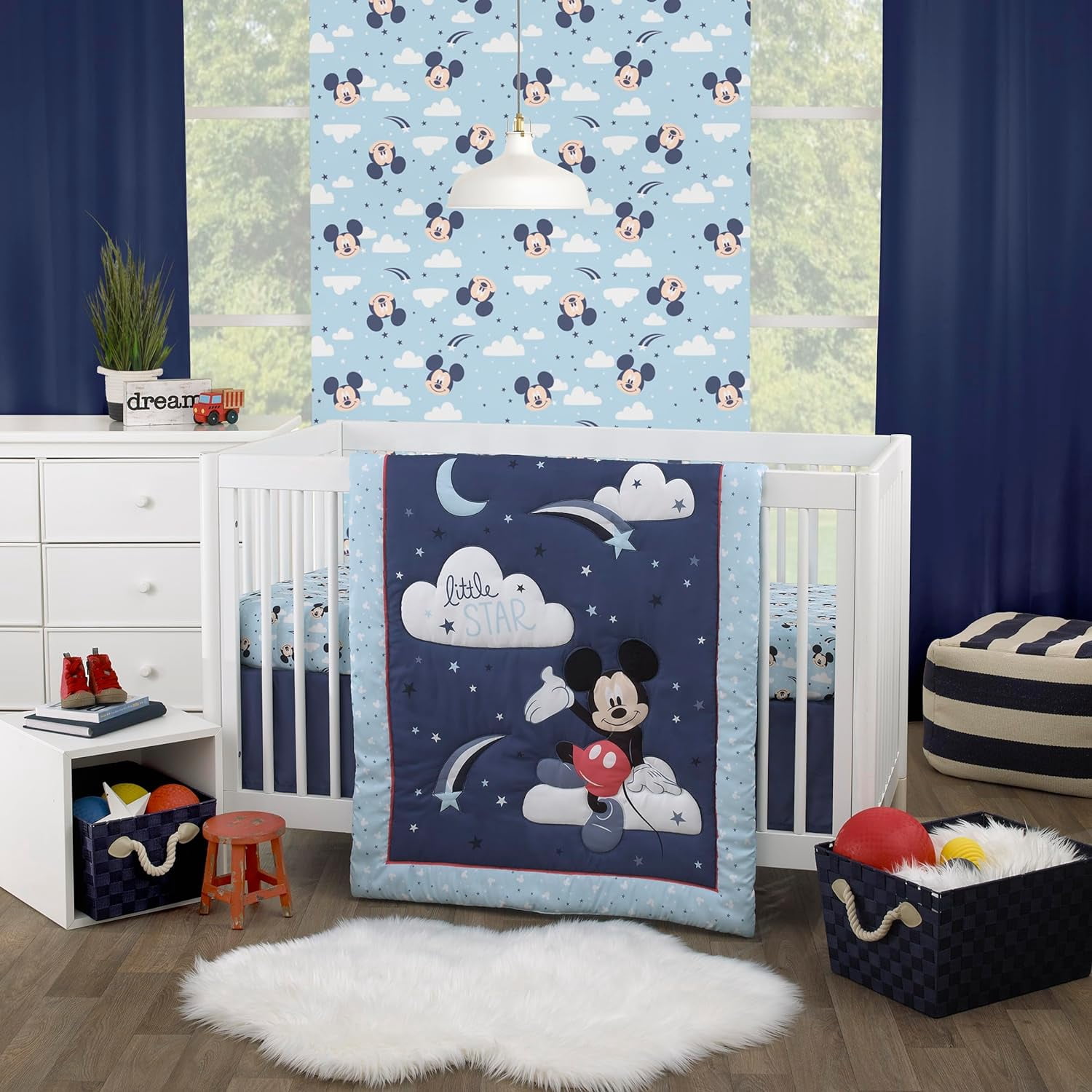 Disney Mickey Mouse Little Star Blue, Navy and White Cloud Moon and ...