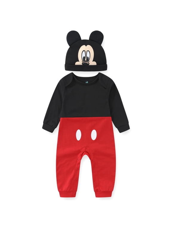 Mickey Mouse Long Sleeve Romper Coverall with Hat Cap (Baby Boys), 2 Piece Set, Sizes NB-24M