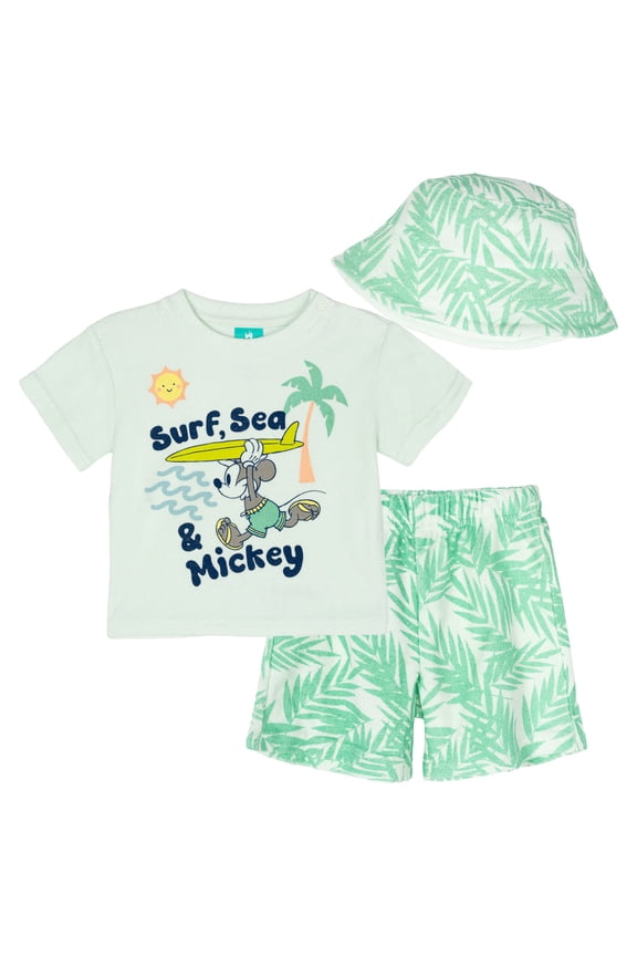Mickey Mouse Loop Terry Cloth T-Shirt, Shorts and Bucket Sun Hat 3 Piece Outfit Set Newborn to Infant