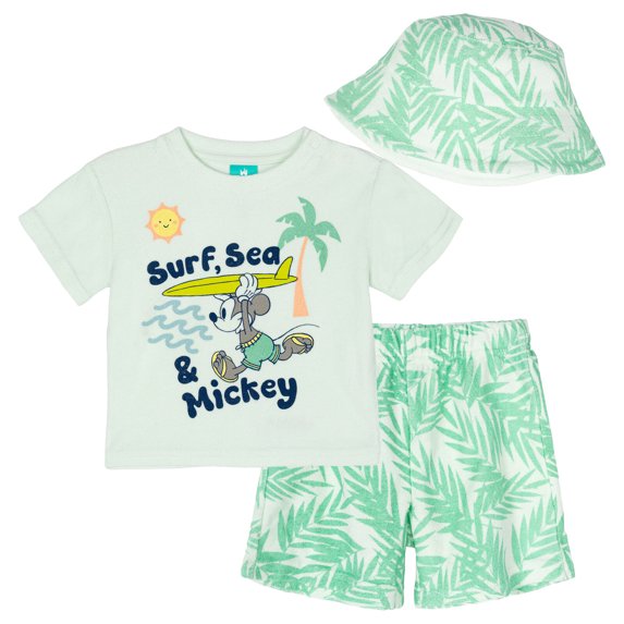 Disney Mickey Mouse Loop Terry Cloth T-Shirt, Shorts and Bucket Sun Hat 3 Piece Outfit Set Newborn to Infant