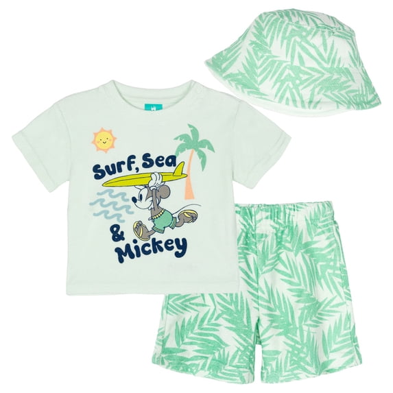 Disney Mickey Mouse Baby Boys' T-Shirt and Shorts Set with Bucket Hat Mint Green