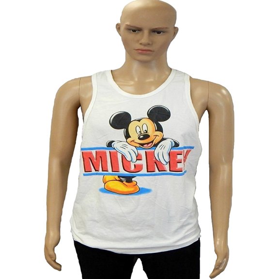 Disney Mickey Mouse Adult Men Tank Top T-Shirt Graphic White Tee Shirt Racer back (Size Large, Mickey Hanging Out)