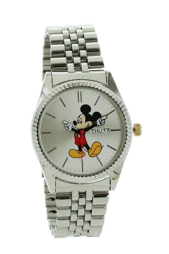 Mickey Mouse Men's 'Moving Hands' Silver Bracelet Watch Gold crown MK8187