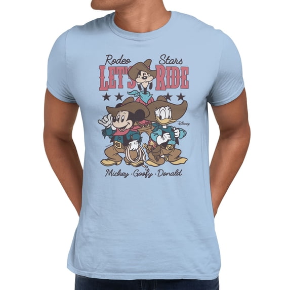Disney Mickey Mouse Men's Rodeo Star Ride Mickey Goofy Donald T-Shirt (Light Blue, S-XXXL)