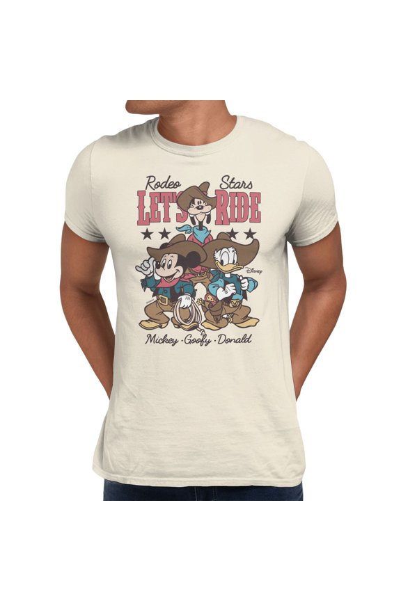 Mickey Mouse Men's Rodeo Star Ride Mickey Goofy Donald T-Shirt (Natural, S-XXXL)