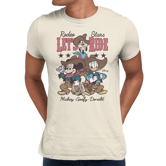 Disney Mickey Mouse Men's Rodeo Star Ride Mickey Goofy Donald T-Shirt (Natural, S-XXXL)