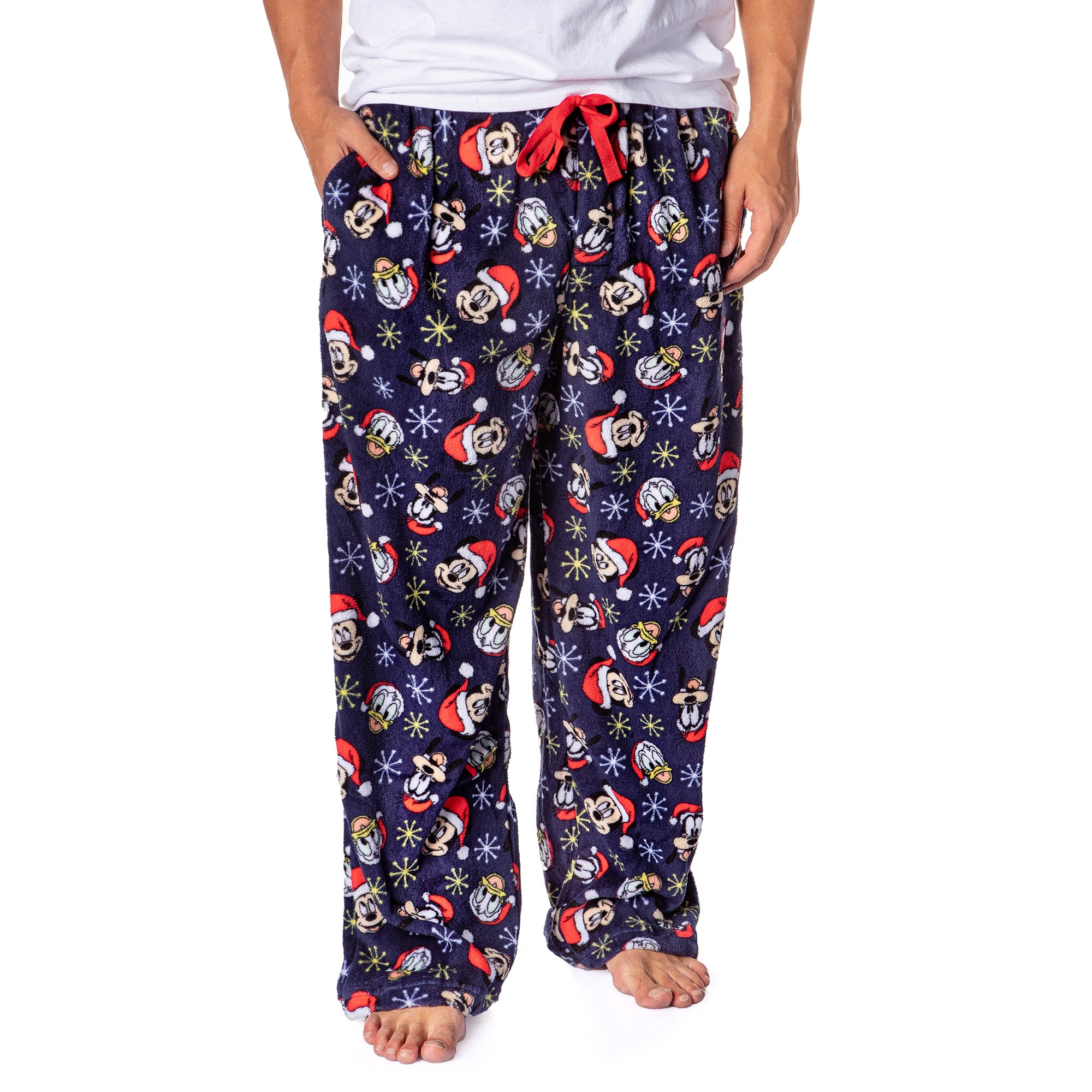 Disney Mickey Mouse Men's Santa Characters Minky Plush Fleece Pajama Pants, Blue