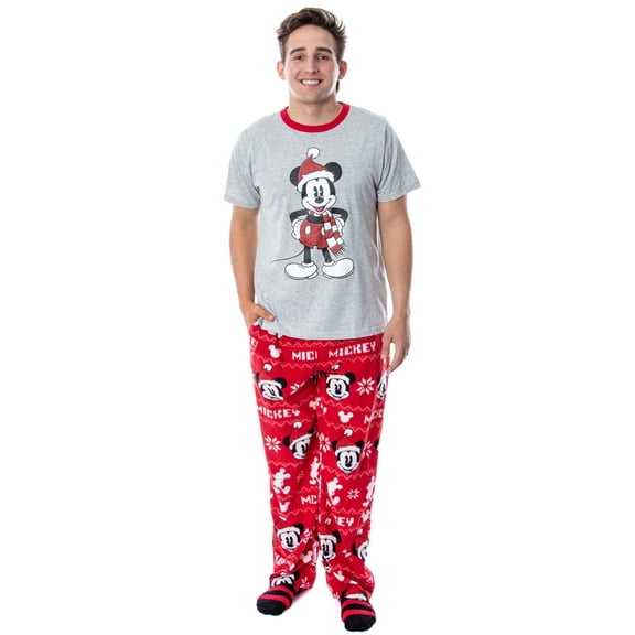 Disney Mickey Mouse Men's Santa Mickey 3 Piece Pajama Sleep Set Shirt Pants and Socks