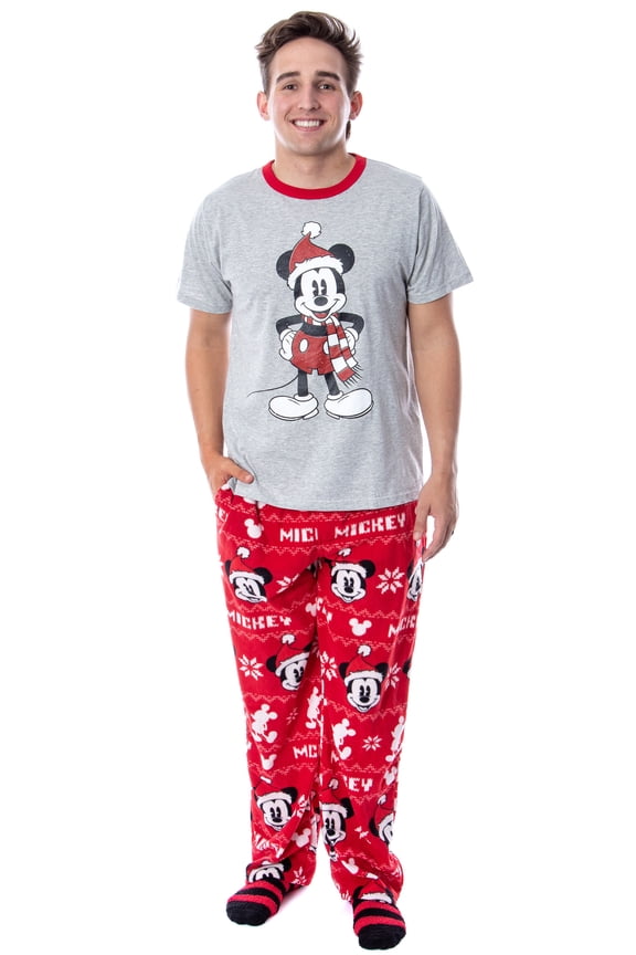 Disney Mickey Mouse Men's Santa Mickey 3 Piece Pajama Sleep Set Shirt Pants and Socks