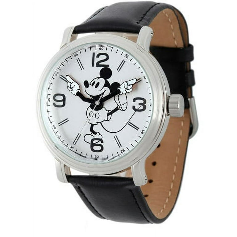 Disney Mickey Mouse Men s Shinny Silver Vintage Articulating Alloy Case Watch Black Leather Strap Walmart
