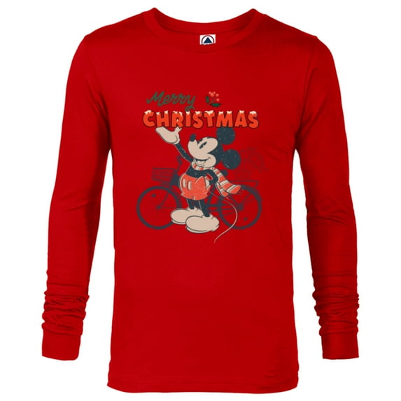 Disney Mickey Mouse Merry Christmas Bicycle Retro Distressed - Long Sleeve T-Shirt for Men - Customized-New Red