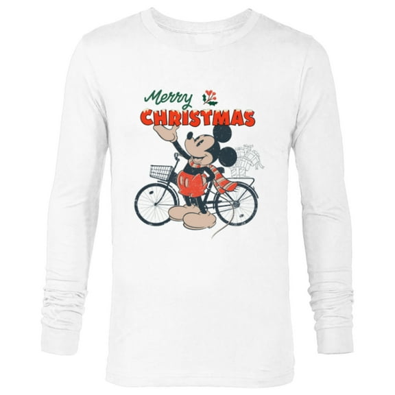 Disney Mickey Mouse Merry Christmas Bicycle Retro Distressed - Long Sleeve T-Shirt for Men - Customized-White