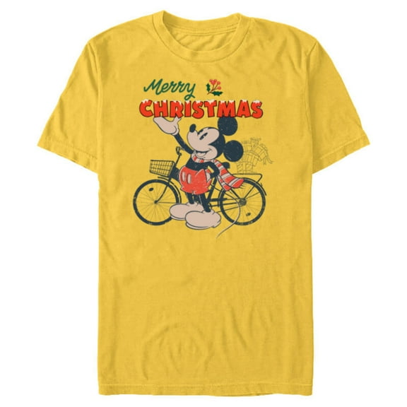 Disney Mickey Mouse Merry Christmas Bicycle Retro Distressed - Short Sleeve Blended T-Shirt for Adults - Customized-Yellow